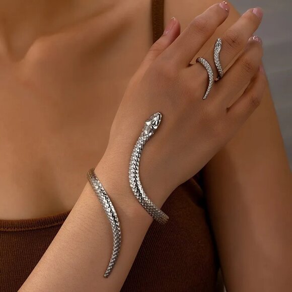 3/$35 Silver Tone Textured Snake Bracelet Cuff Bangle Wrap Statement Jewelry - Picture 4 of 7